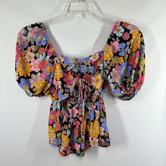 B45. Sienna Sky Puff Sleeve Open Back Floral Blouse Size X Small - Picture 4 of 8